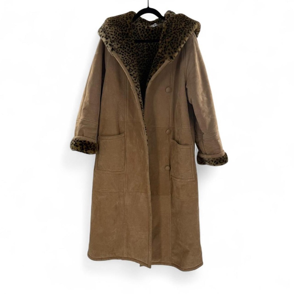 Vintage Leopard Leather Hooded Coat Womens Medium Marvin Richards Faux Fur